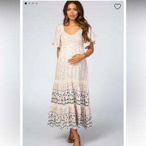 Light Pink Printed Smocked Maternity Midi Dress